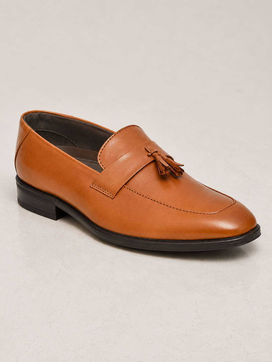 amisar tan slip on cemented thermoplastic rubber soft leather tassel loafers side view