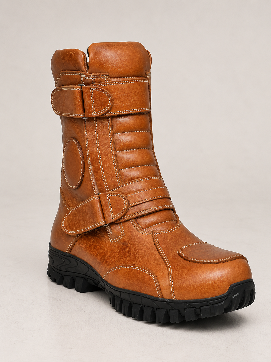 amisar tan rugged grain leather cemented rubber sole soft breathable lining waterproof biker boots side view