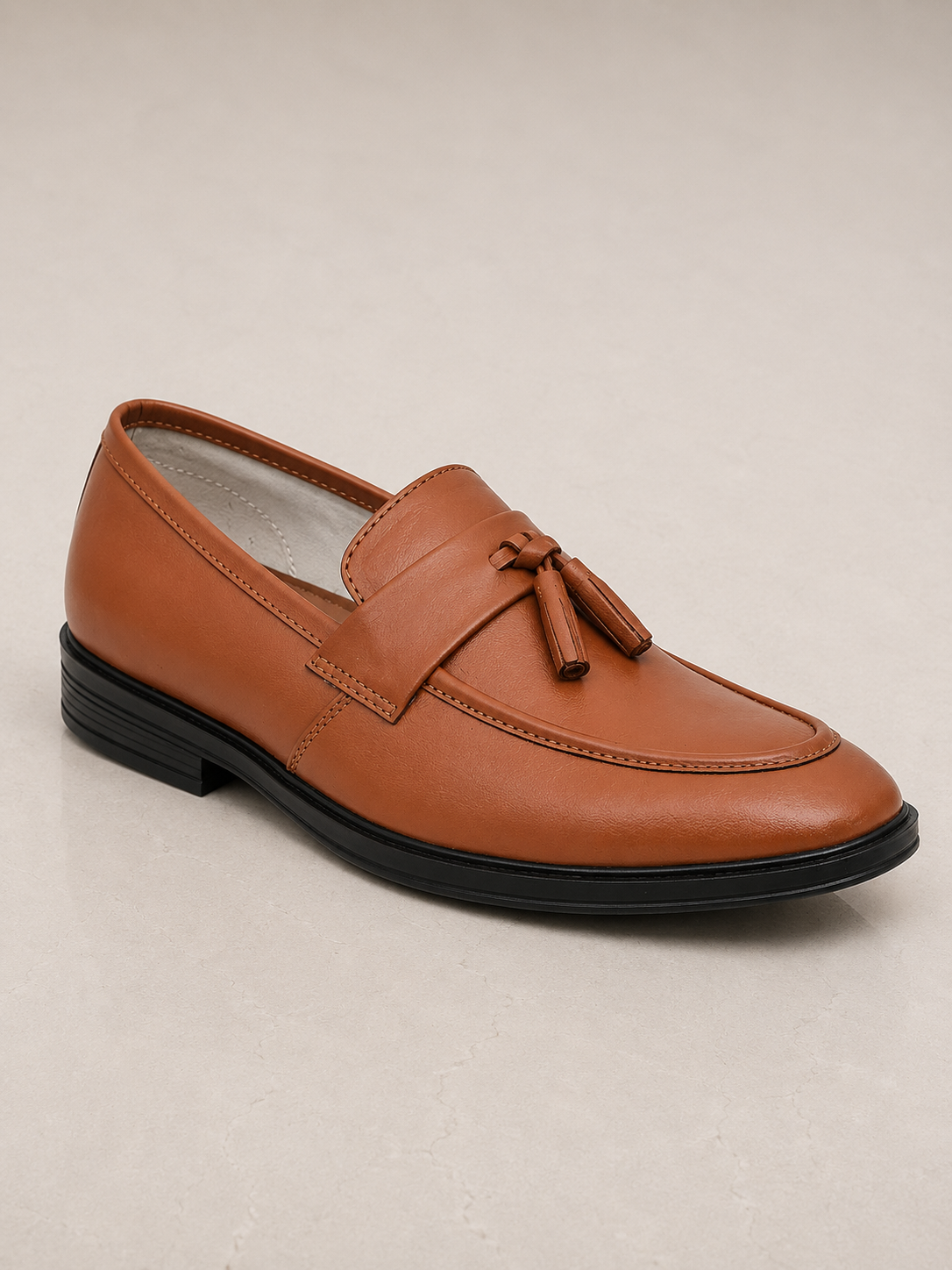 amisar tan slip on cemented soft leather tassel loafers side view
