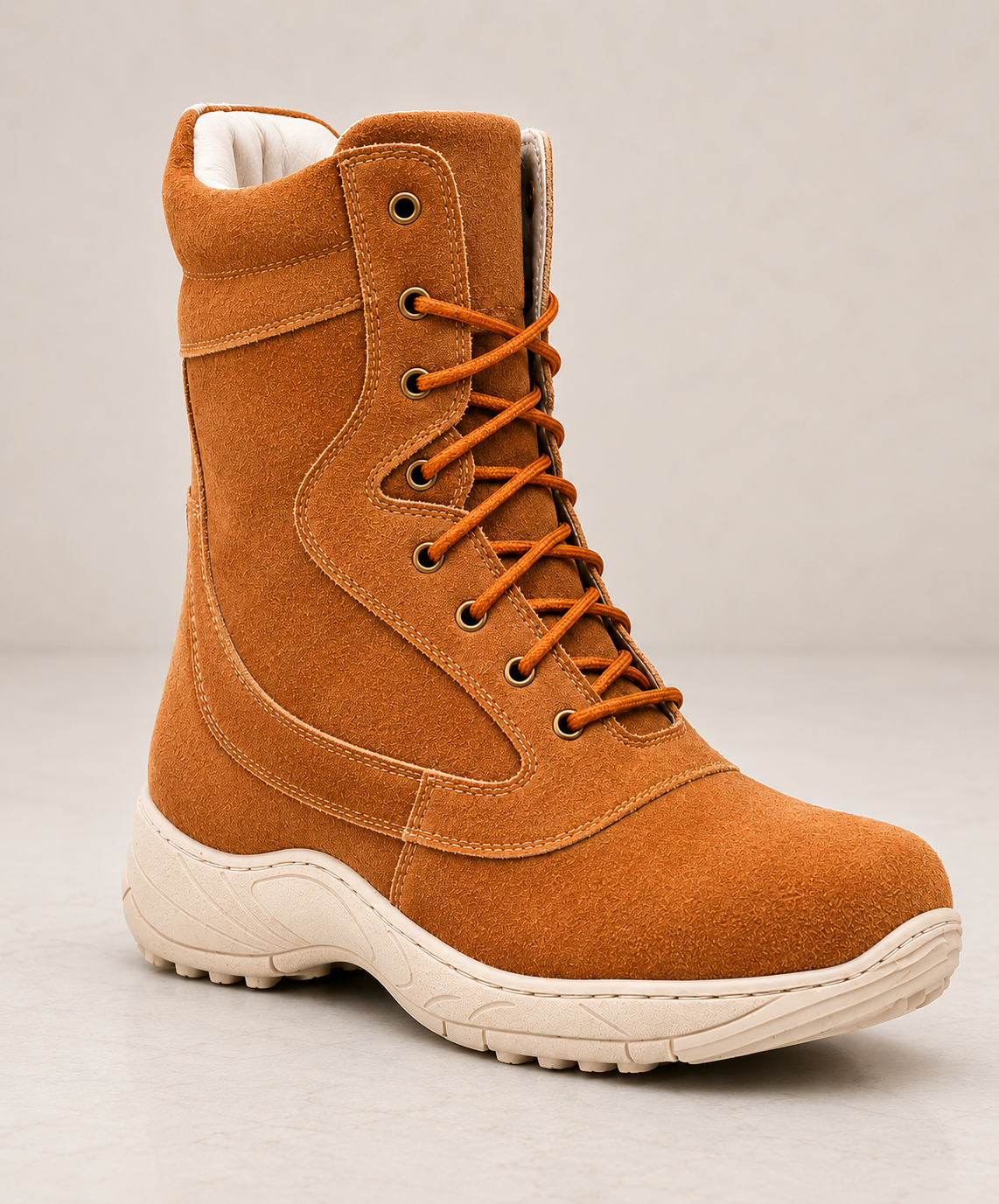 amisar biker boot Suede tan Leather Upper Soft Breathable Leather Lining Brass Chain & Eyelets High Performance Phylon Sole side view
