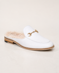 amisar white mules fur backless horsebit Handmade Sheet Sole Soft Leather Lining with Plush Trim side view