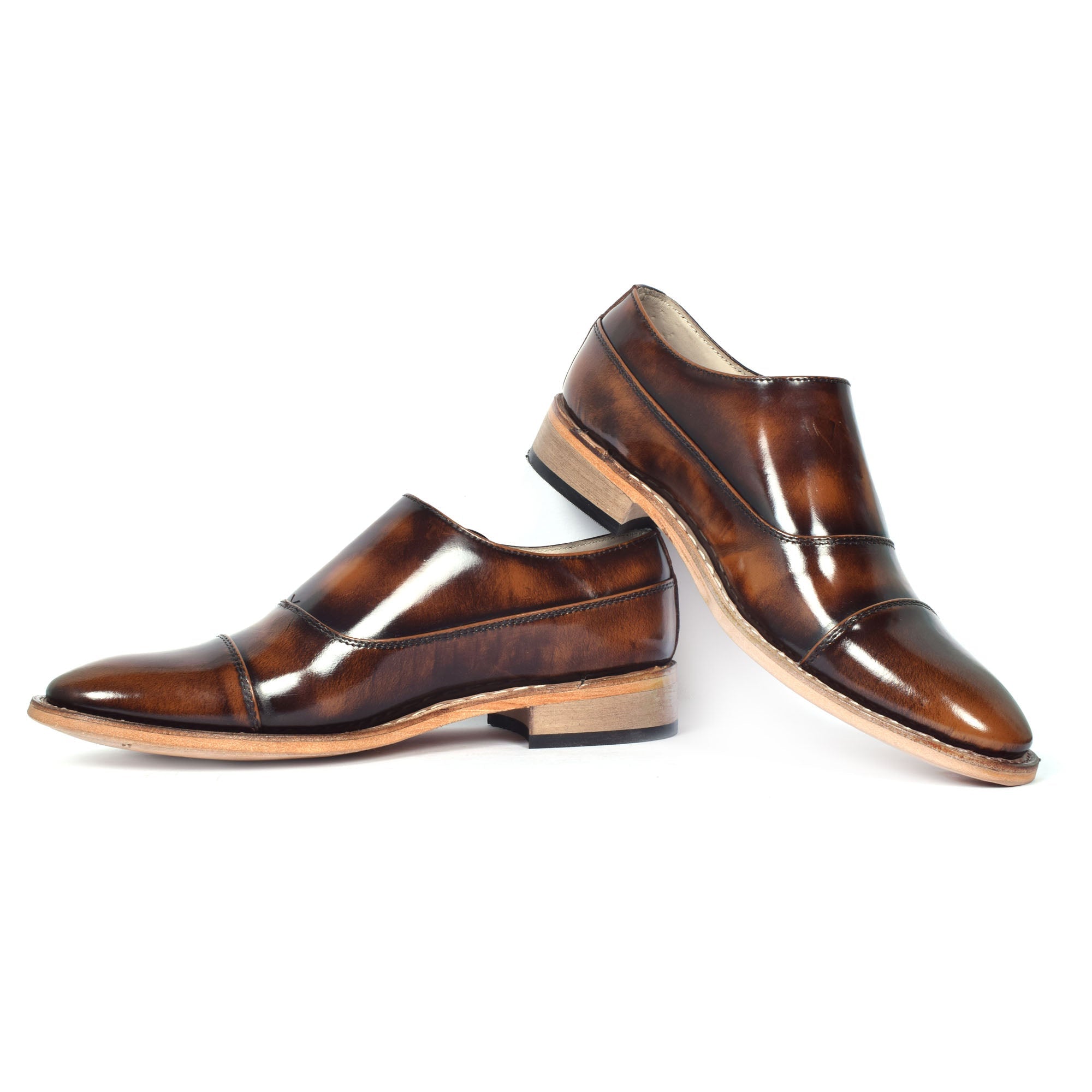 Goodyear Welted Monk Strap Shoes :  Tan Brush off leather with Memory foam footpad.