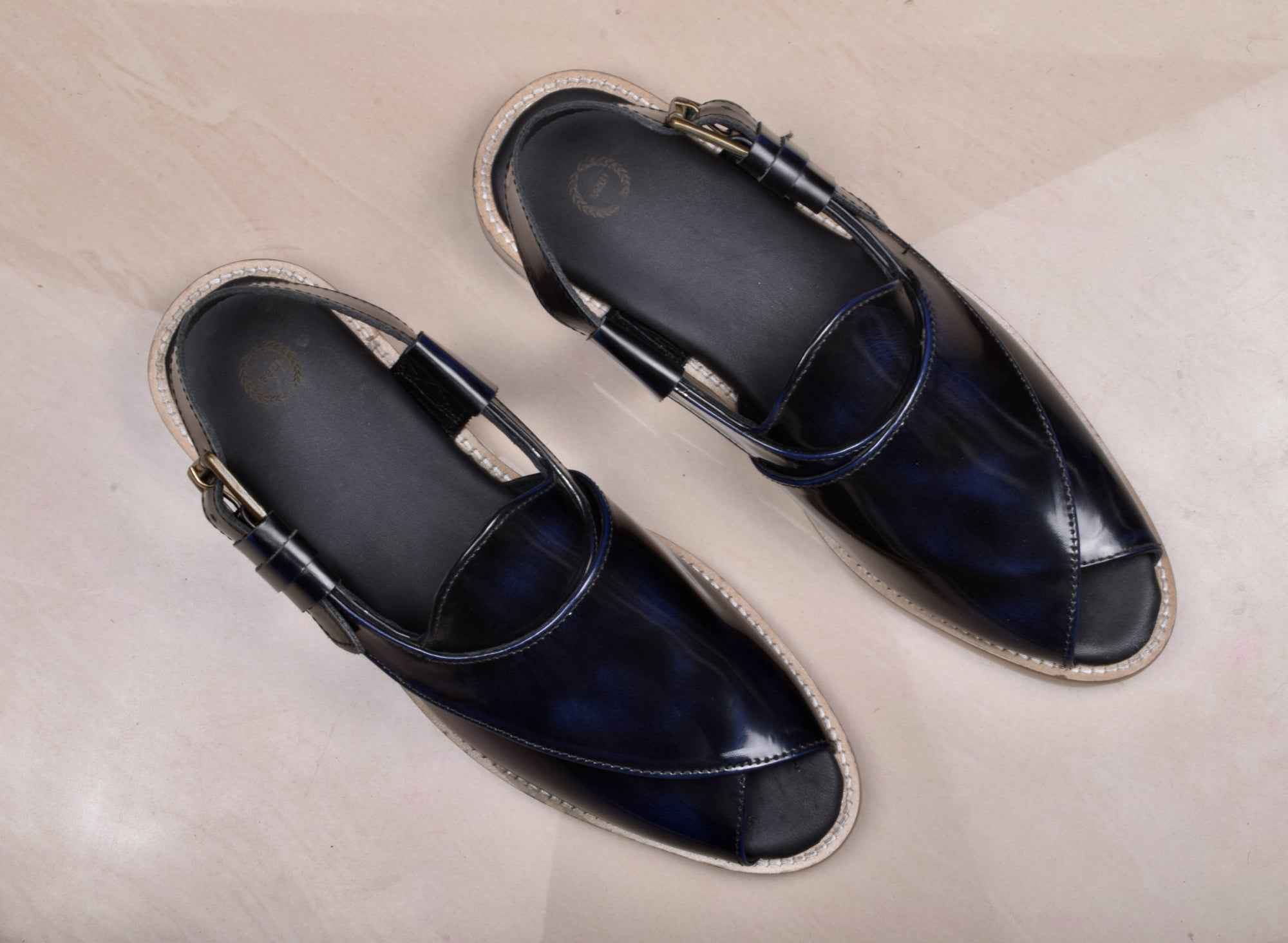 Peshawari : Blue brush off leather handmade Peshawari with Memory foam footpad. Article : P02_BlueBrushoff