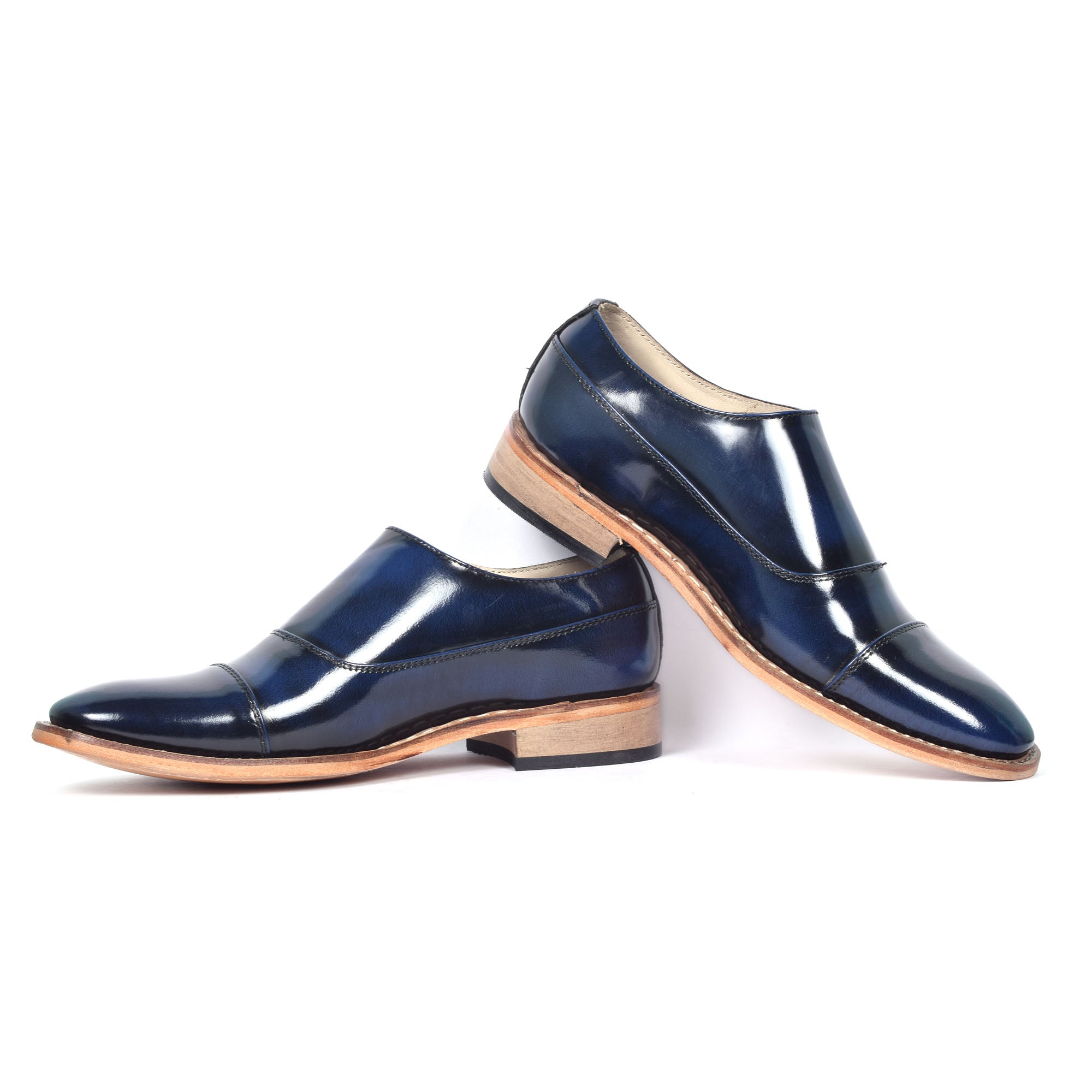 Goodyear Welted Monk Strap Shoes :  Blue Brush off leather with Memory foam footpad.