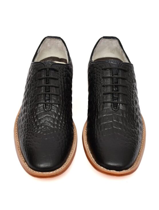 Goodyear Welted Derby Shoes -Black Croco Embossed Leather with