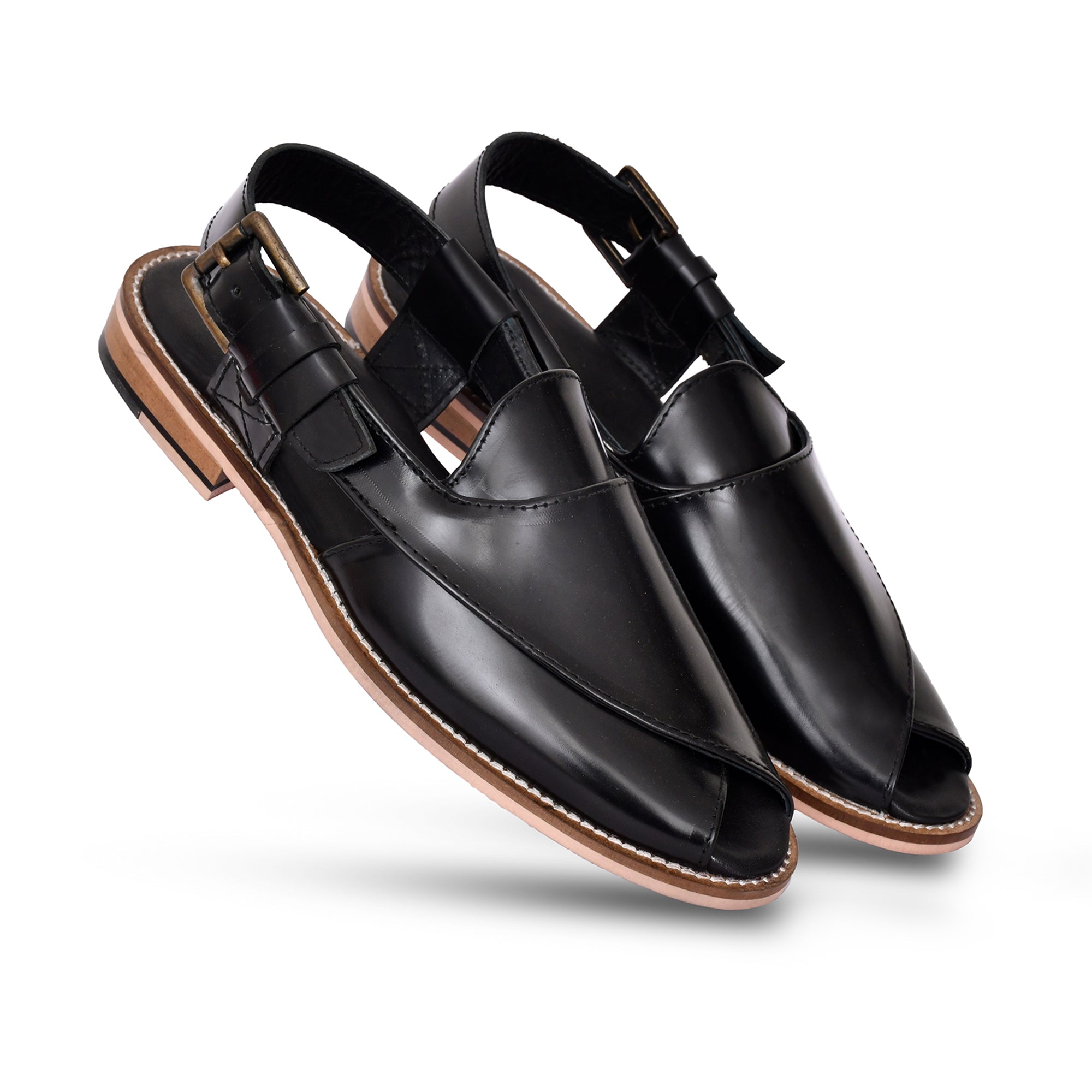 Peshawari : Black leather handmade Peshawari with Memory foam footpad. Article : Peshawari02