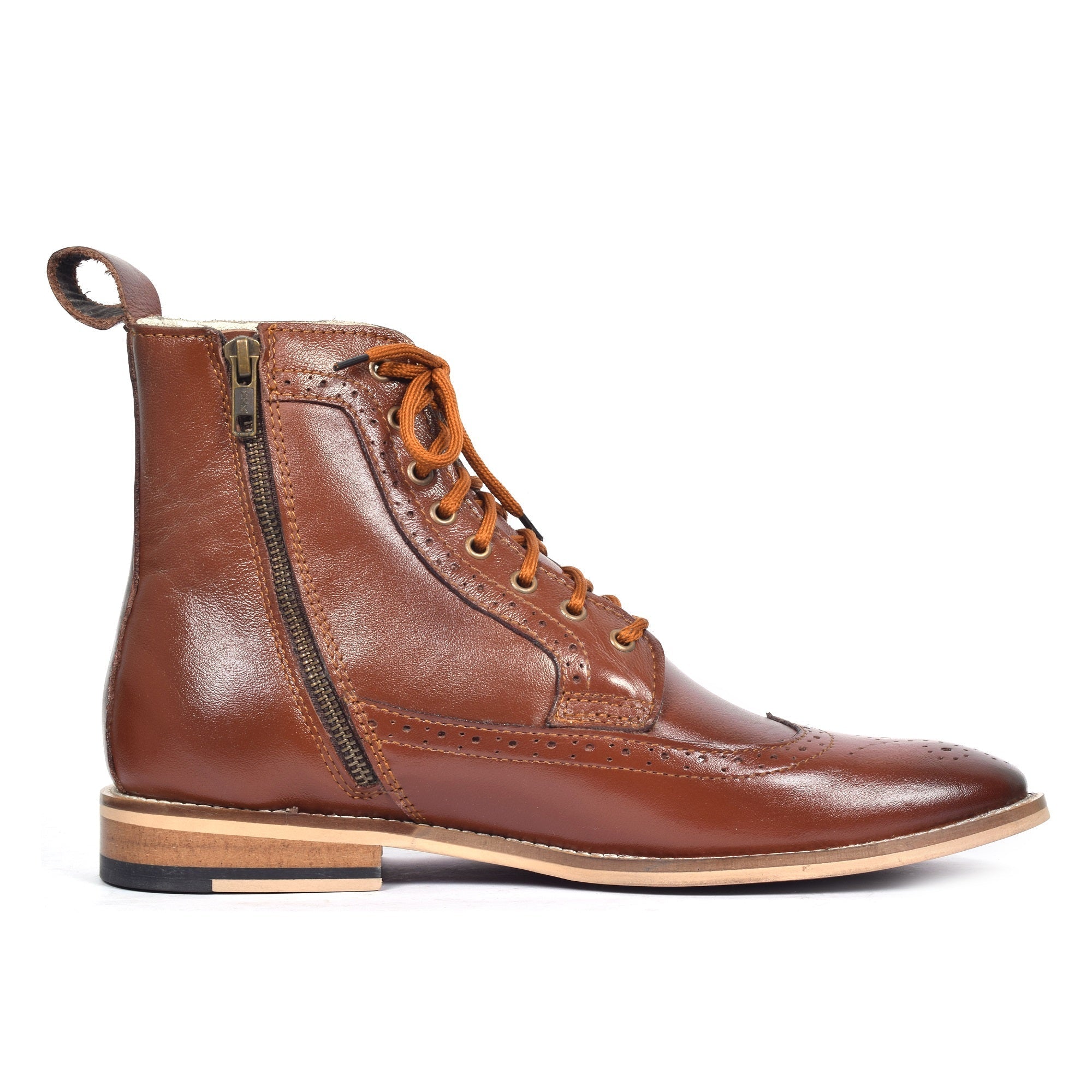 Brogue Boots : Genuine Tan leather Brogue Boots with Memory foam footpad. Article :BB101-Tan