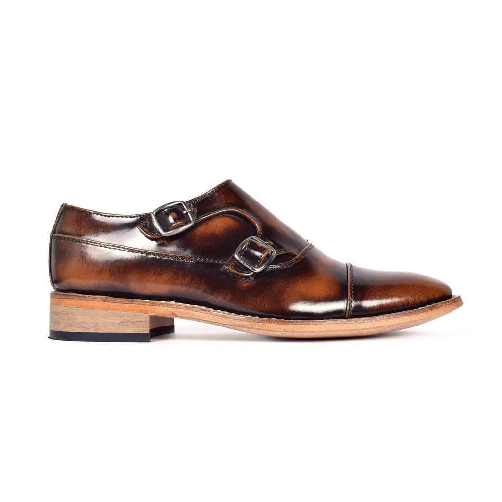 Goodyear Welted Monk Strap Shoes :  Tan Brush off leather with Memory foam footpad.