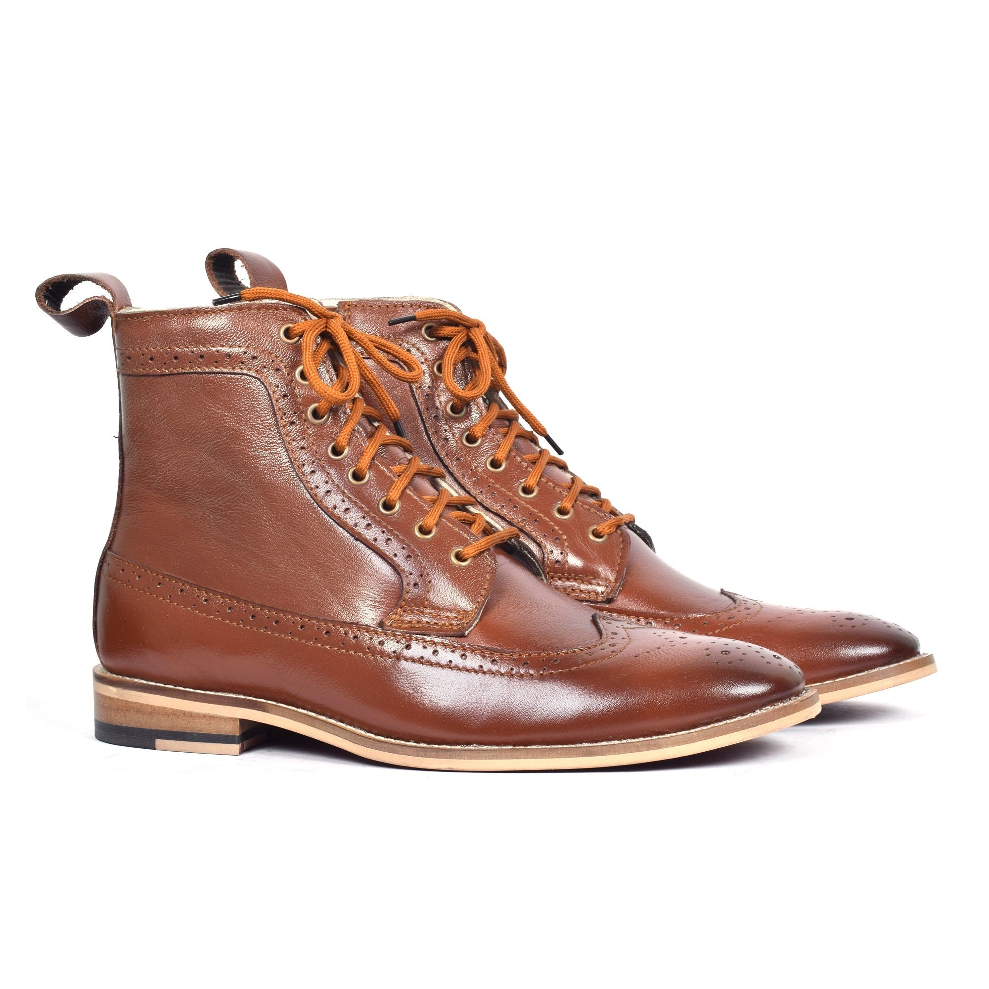 Brogue Boots : Genuine Tan leather Brogue Boots with Memory foam footpad. Article :BB101-Tan