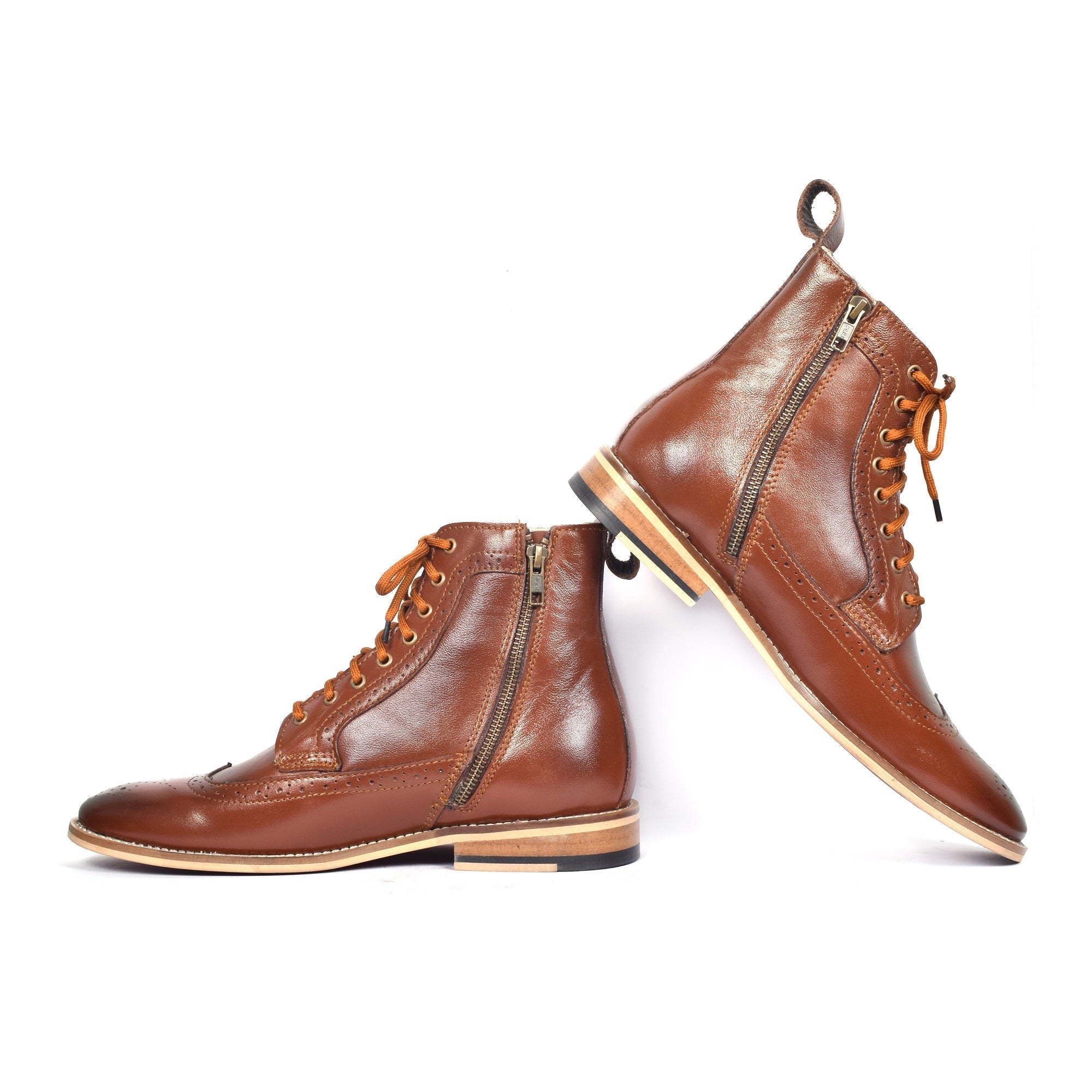 Brogue Boots : Genuine Tan leather Brogue Boots with Memory foam footpad. Article :BB101-Tan